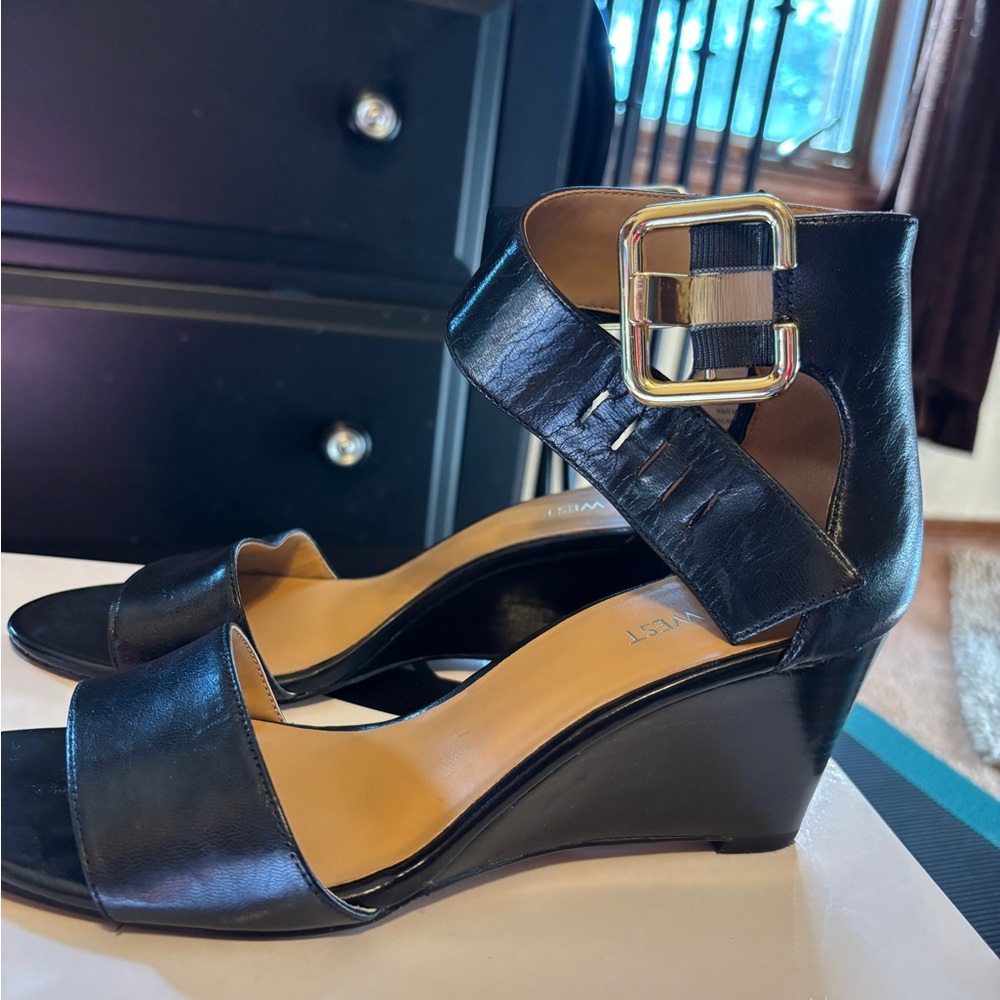 Nine West Black Wedge Sandals with Gold Buckle